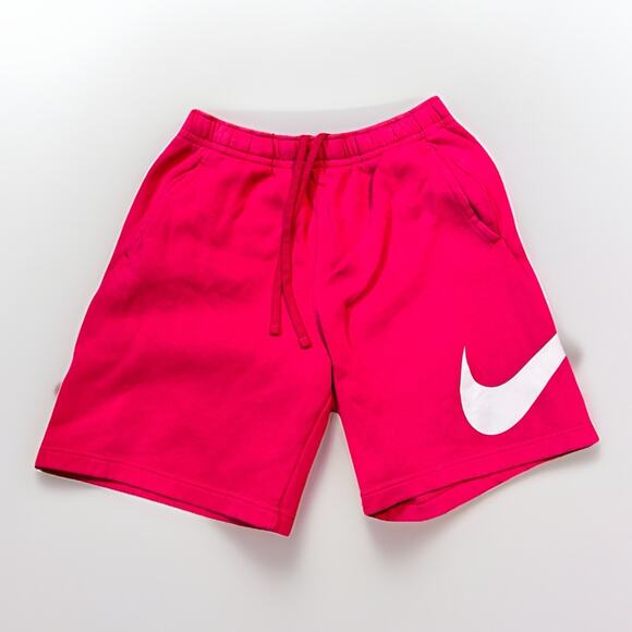 Nike Men’s Fireberry Pink Fleece Shorts with White Swoosh Logo - Picture 1 of 3